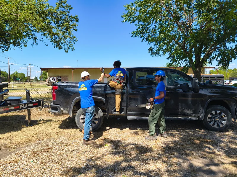 Arborwise crew handing gear down from the truck and carrying a chainsaw at the Bonham shop