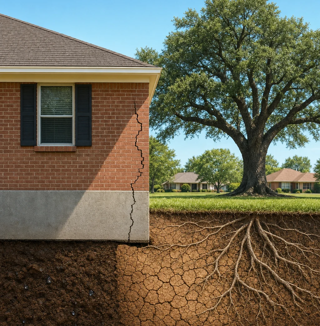 Illustration: cutaway of a brick house on a slab beside a live oak, moist clay under one side, dry cracked clay under the side near the tree, with the slab and wall cracked
