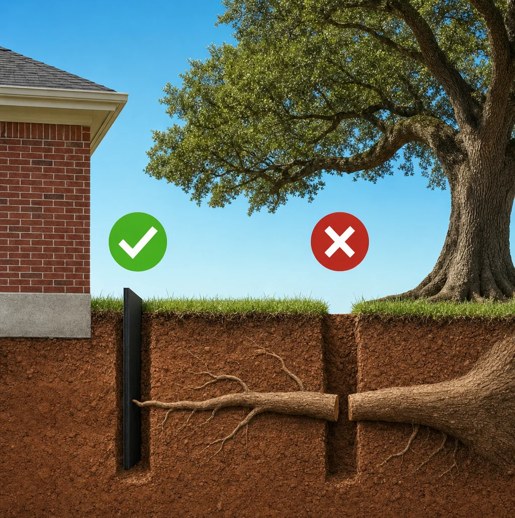 Illustration: side view of a house and a live oak with one trench and barrier beside the slab marked with a green check, and one trench near the trunk marked with a red X
