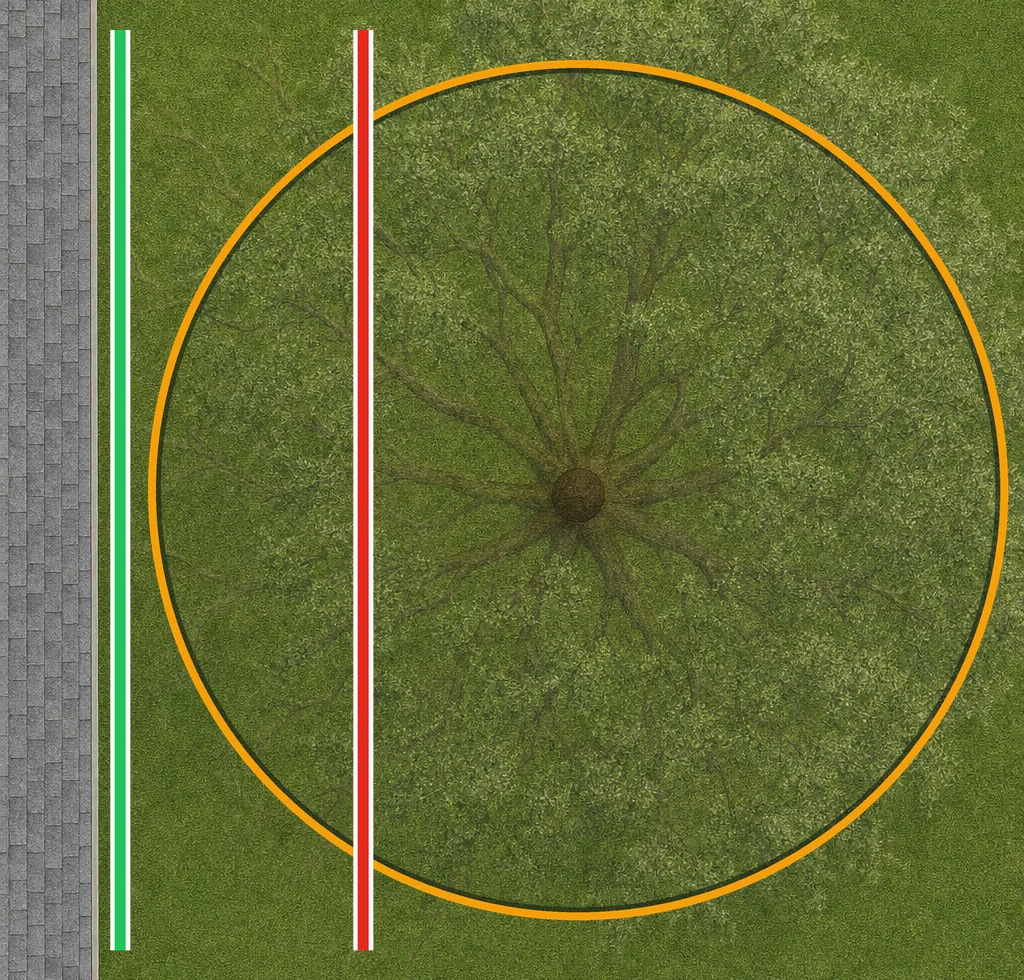 Illustration: overhead view of a live oak with an orange circle around its root zone, a green line along the house just outside it, and a red line through the middle of the circle