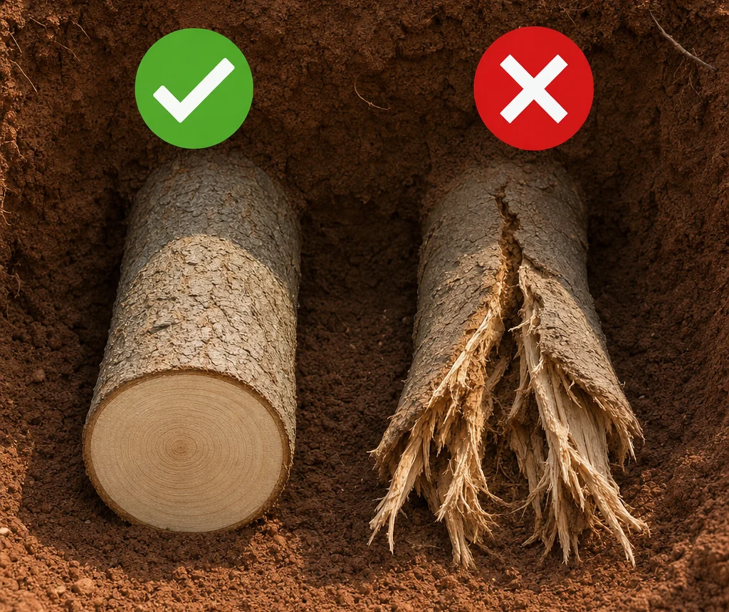 Illustration: two roots in a trench, one cut clean and flat with a green check, one shredded and torn with a red X