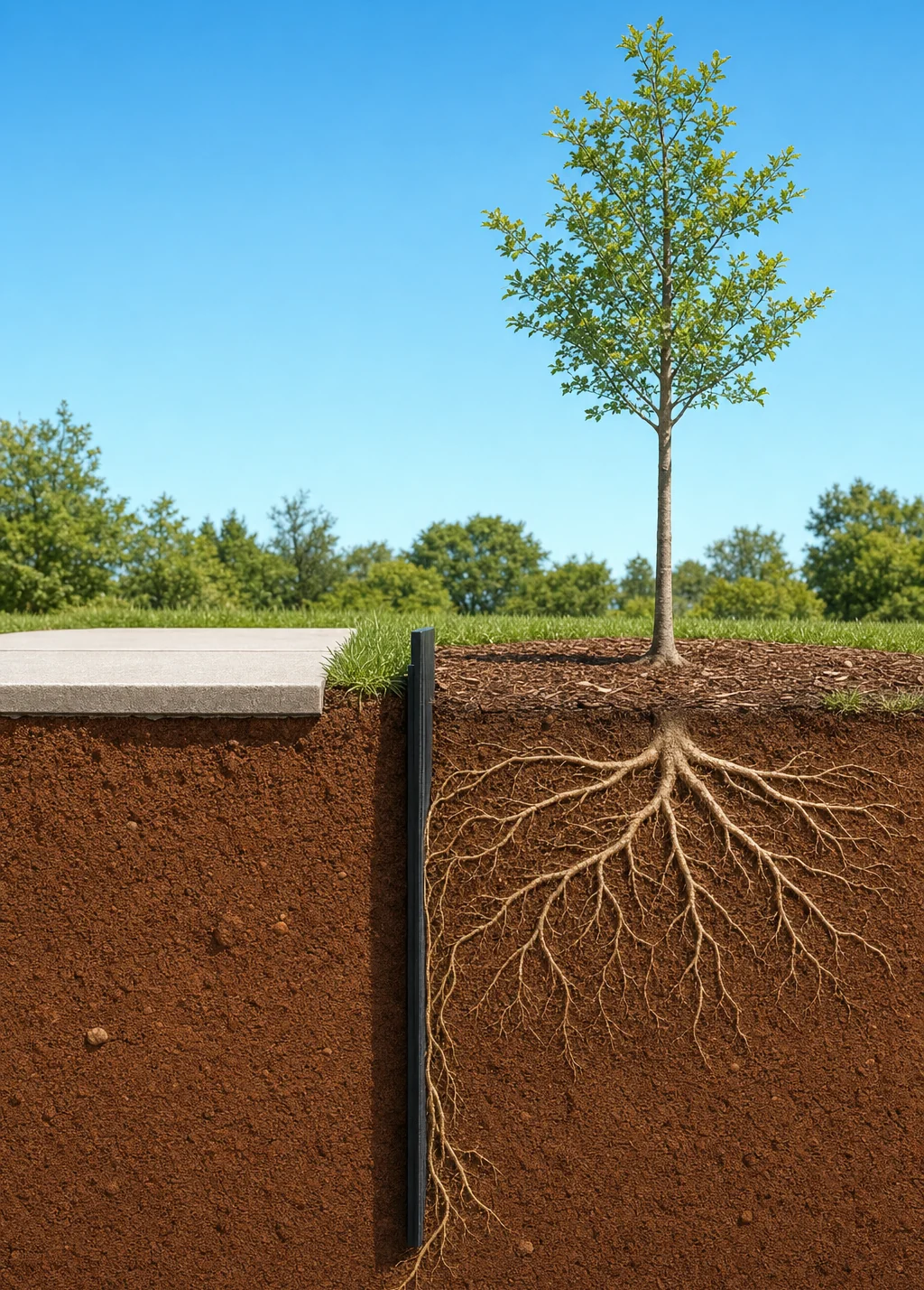 Illustration: a young tree planted beside a sidewalk with a ribbed root barrier between them and the roots turning down along it