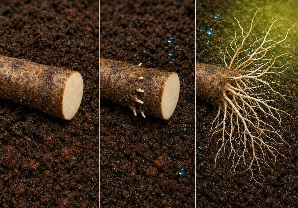 Illustration: three panels of a cut root, first bare, then with a few new root tips, then with a full spread of new fine roots