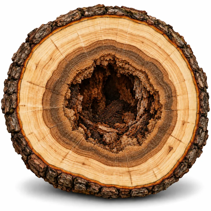 Illustration of a trunk cross-section with a decayed, hollow center and solid living wood around it