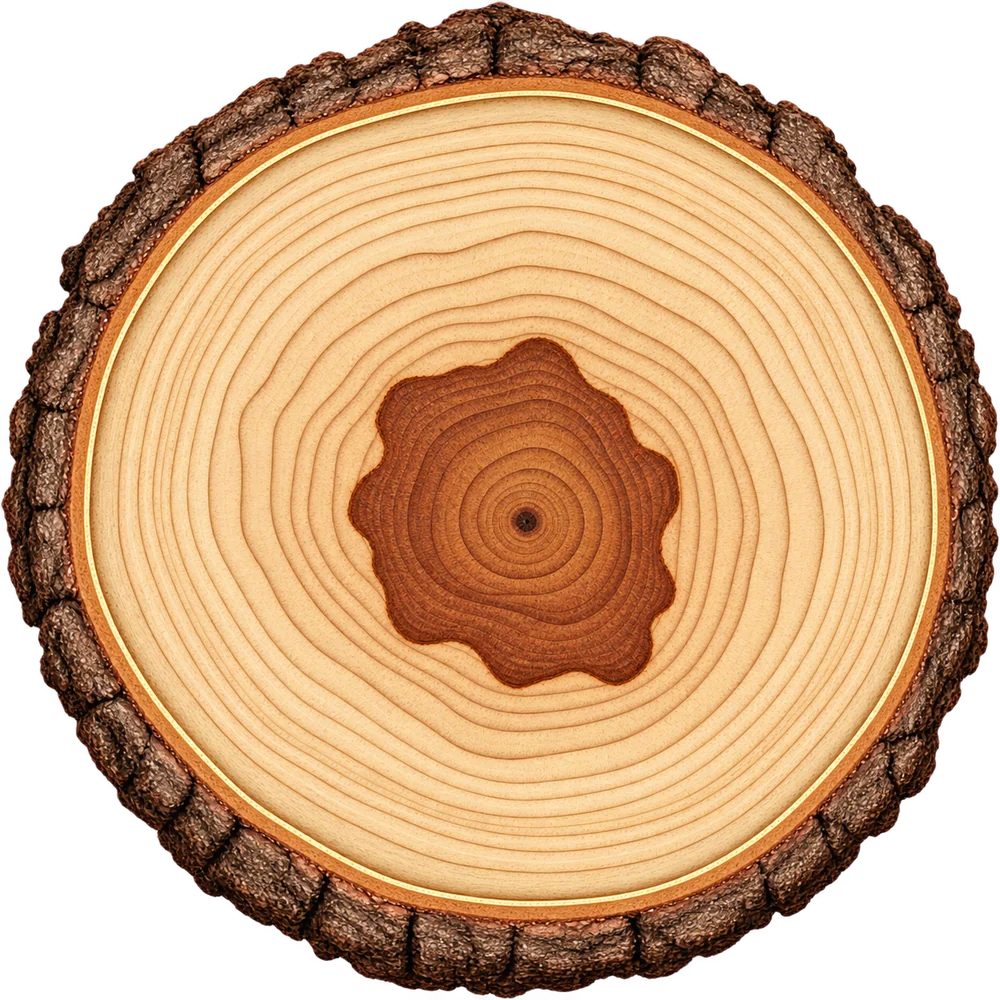 Cross-section of a tree trunk showing bark, sapwood, heartwood and growth rings